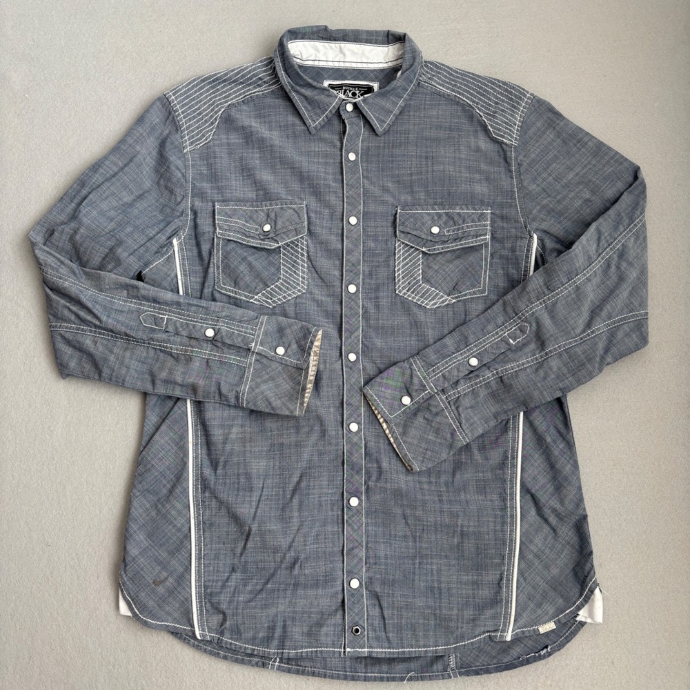 Buckle Black Mens Blue Grey Contrast Stitch Button Down Shirt BB290FPW Large